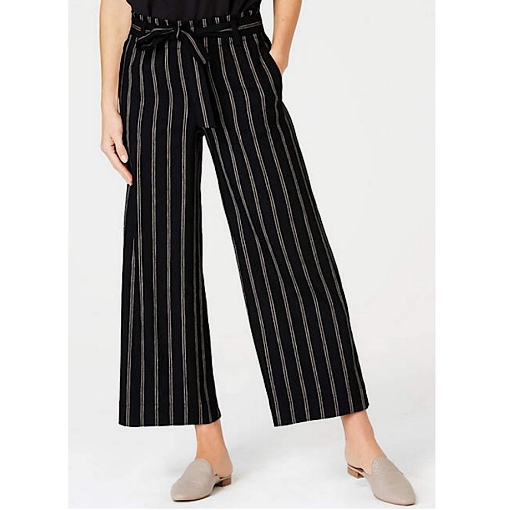J. Jill Emilie Linen Stretch Paperbag Cropped Wide Leg Pant Black Stripe 3X